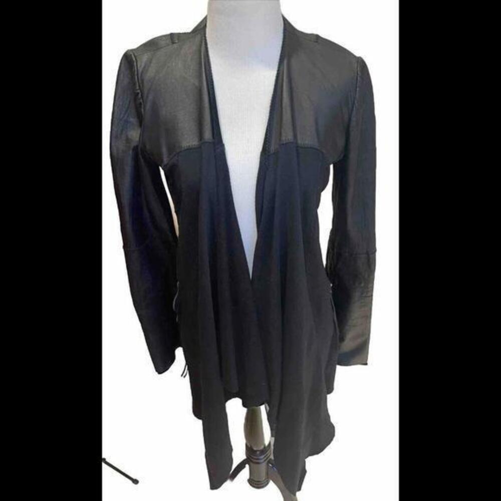 Illia Womens Cotton + Leather Long Sleeve Open Front Jacket Black Size 4